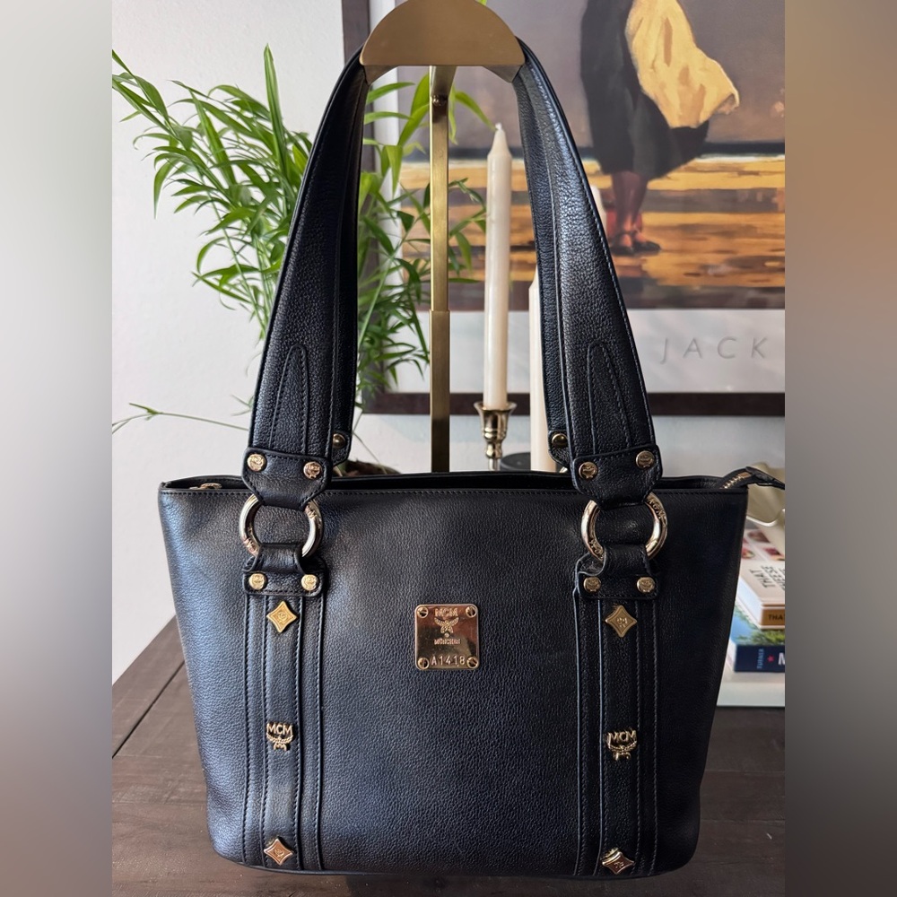 MCM Black Leather Tote with Gold Accents